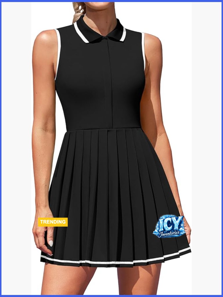 Tennis Dress With Built-In Shorts And Bra, Zip Up Pleated Golf Dress